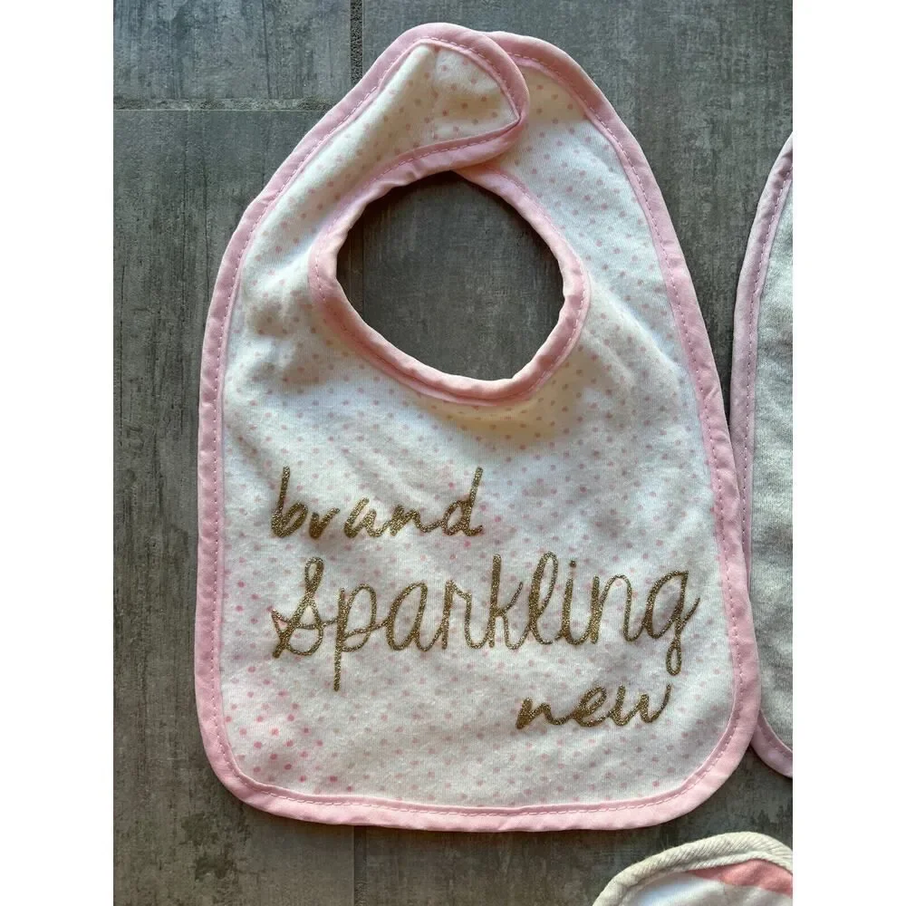 BABY KISS Set Lot of 3 French Terry Cotton Bibs Boho Girl Pink Glitter NEW